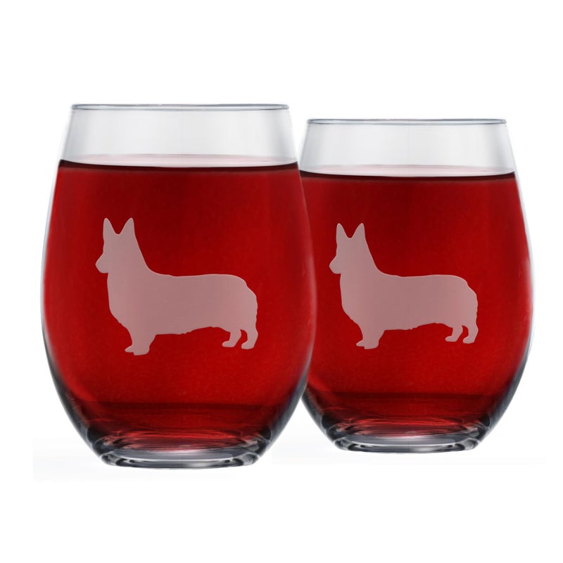GreenLine Goods Corgi Stemless Wine Glasses (Set of 2) | Unique Gift for Dog Lovers | Hand Etched with Breed Name on Bottom - Image 1